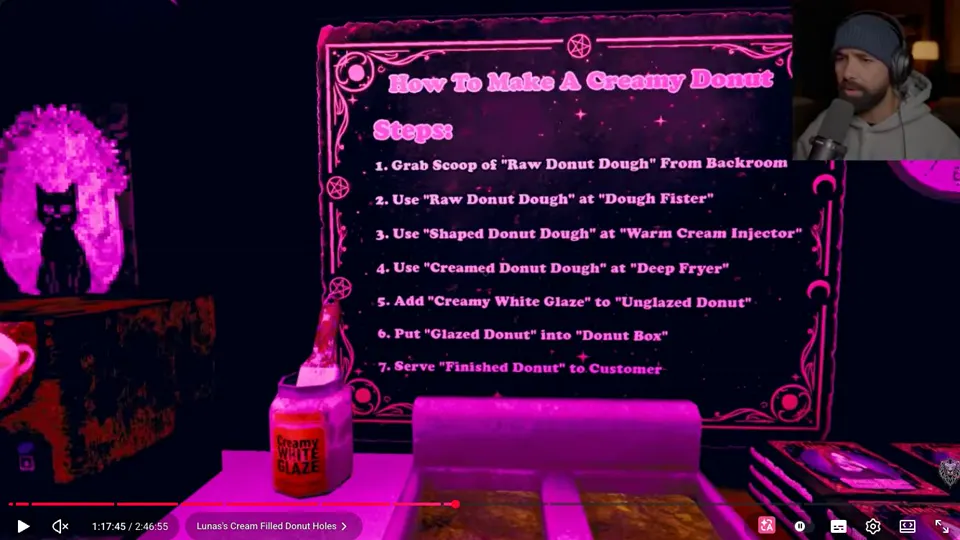 Hollow full-game frame showing the Luna's Donuts recipe instructions